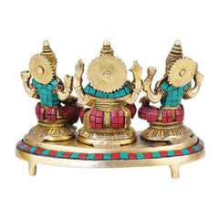 Brass Laxmi Ganesha Saraswati Murti Idol with Multicolor Stone image 1