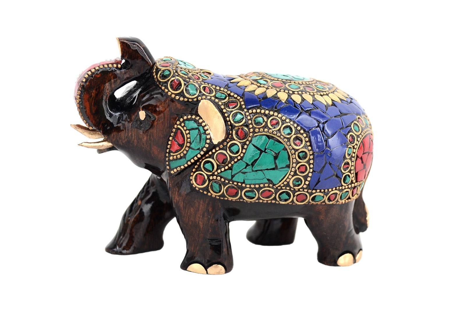 Wooden Elephant with Stone Work/Fine Carving Trunk Up image 0