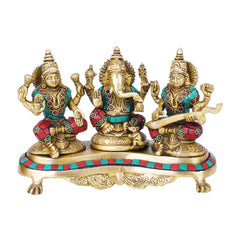 Brass Laxmi Ganesha Saraswati Murti Idol with Multicolor Stone image 0