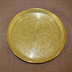 Handmade Brass Puja Thali with Flower Embossed Design (Gold, 10 Inch) image 0