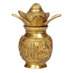 Brass Laxmi Ganesha Carving Mangal Kalash with Coconut & Leafs image 1