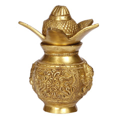 Brass Laxmi Ganesha Carving Mangal Kalash with Coconut & Leafs image 0
