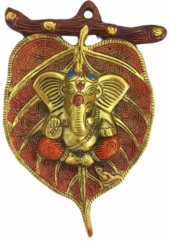 Metal Ganesha on Leaf/Patta Wall Hanging Showpiece image 0