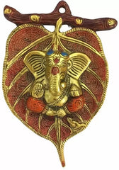 Metal Ganesha on Leaf/Patta Wall Hanging Showpiece image 0