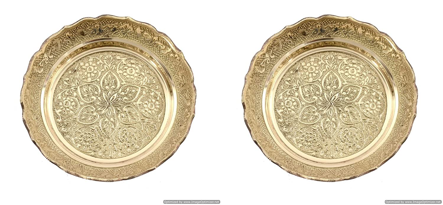 Brass Gold Puja Thali with Flower Embossed Design (Size-5 Inch)-Set of 2 image 0