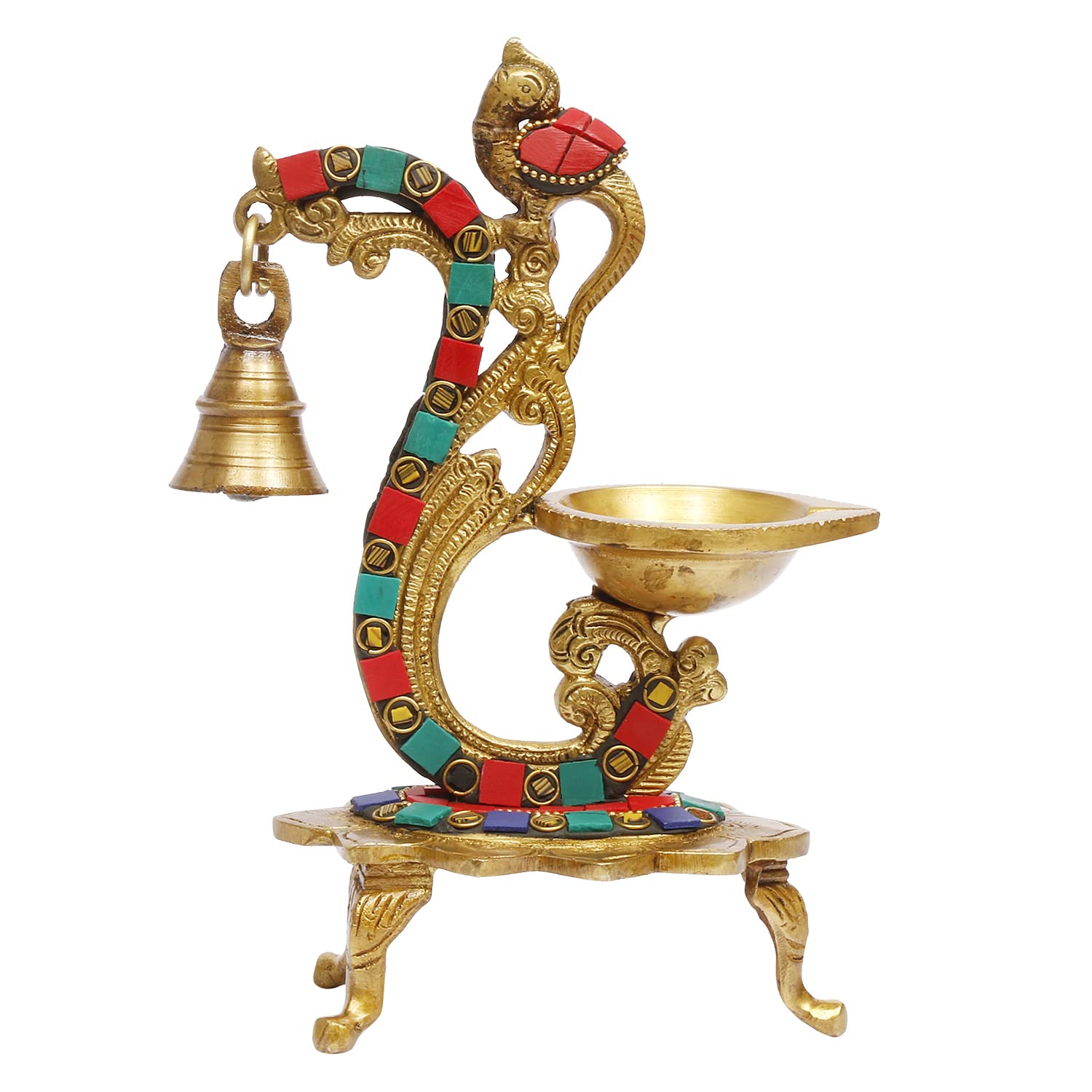 Brass Multicolor Bird Peacock Diya Oil Lamp Stand image 0