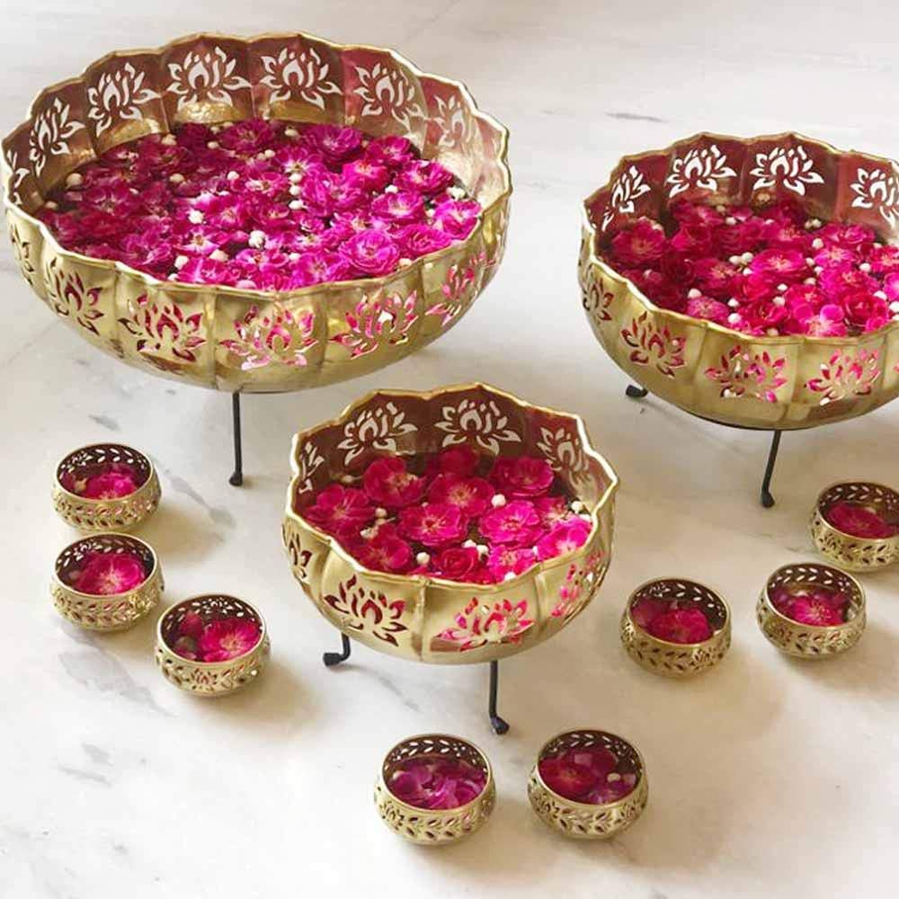 Set of 3 Iron Lotus Urli with Stand Pot for Floating Flower/Candle image 0