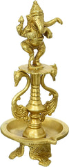 Brass Dancing Ganesha Oil Lamp Diya with Base & 2 Swan Showpiece image 1