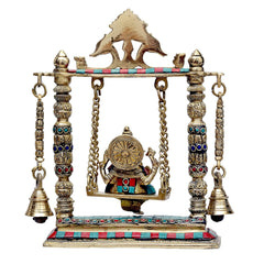 Brass Ganesh Jhula with Hanging Bells/Brass Ganesha Swing Statue image 1