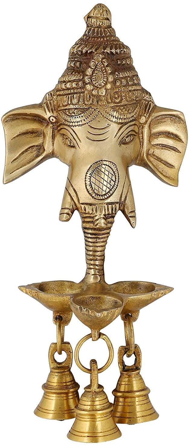 Brass Ganesh Deepak with Bells Wall Hanging image 0