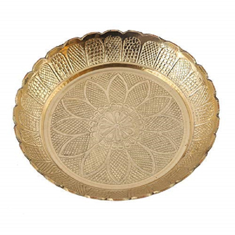 Brass Puja Thali with Flower Embossed Design, Brass Pooja Plate (Size-11 Inch) image 0