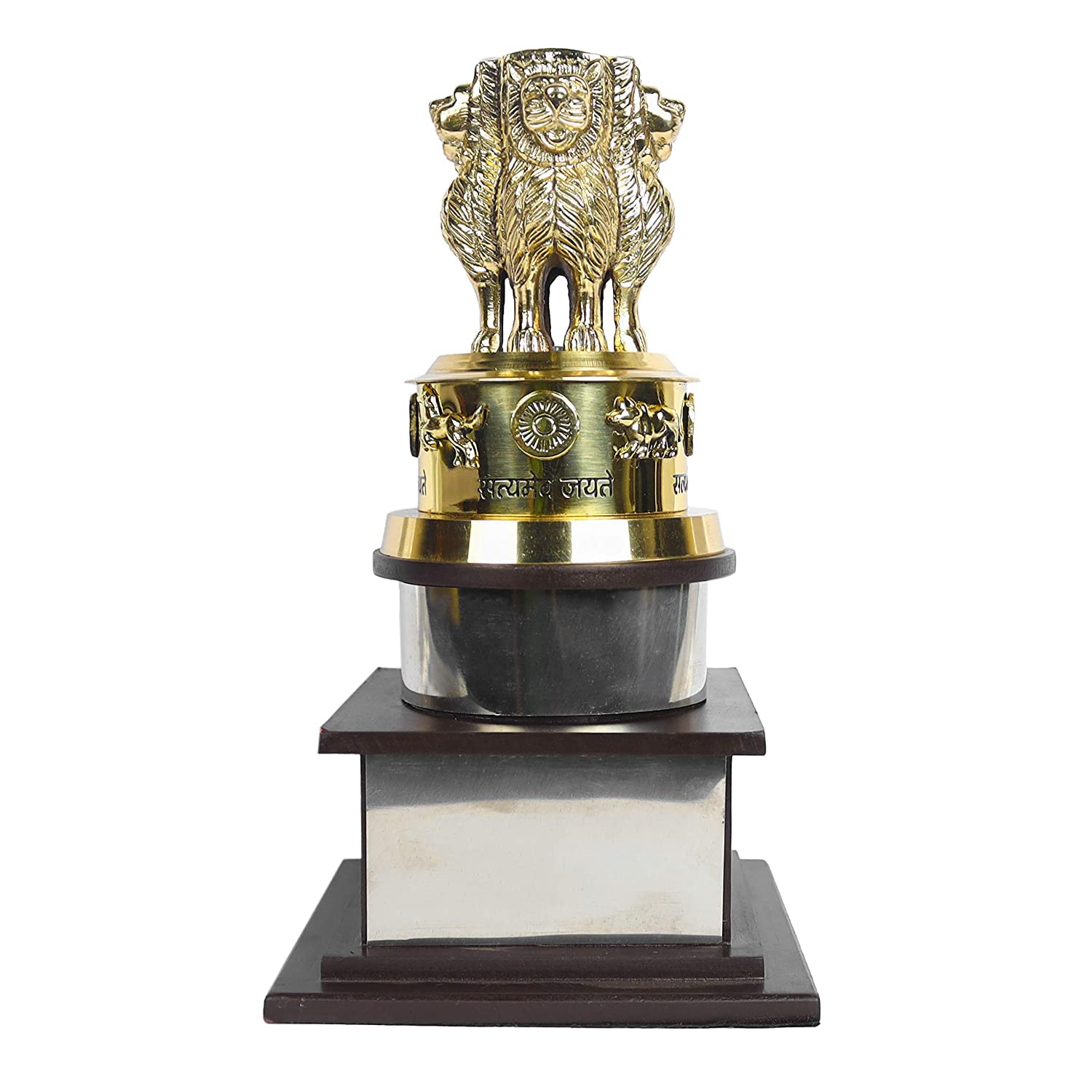 Brass Ashok Stambh Pillar Memento Trophy with Wooden Base Showpiece image 0