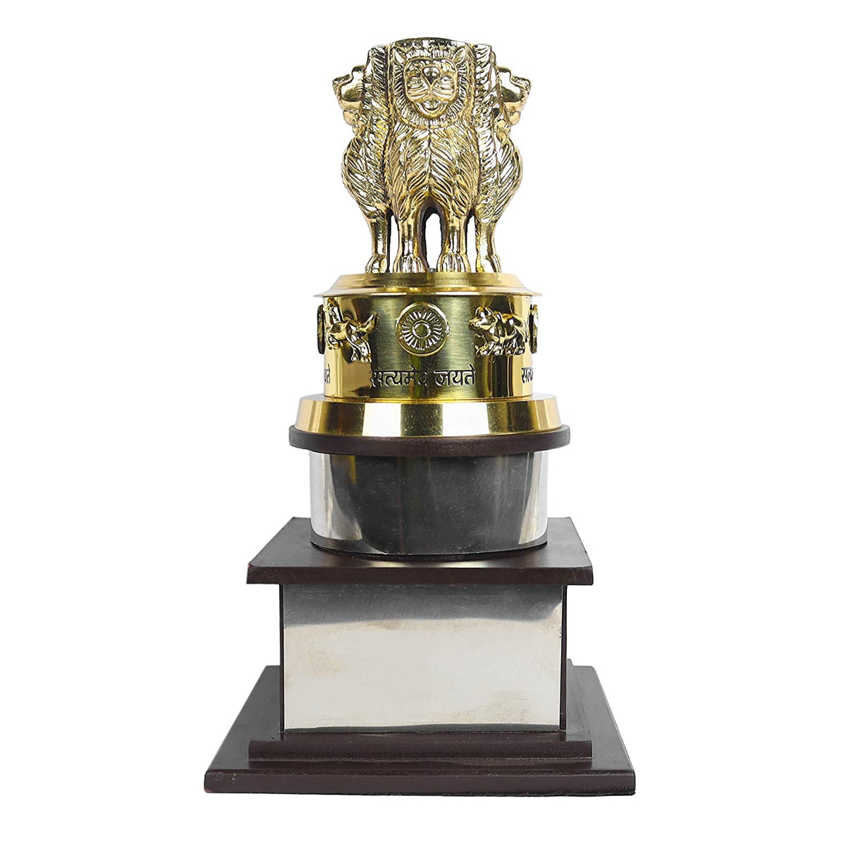 Brass Ashok Stambh Pillar Memento Trophy with Wooden Base Showpiece image 0