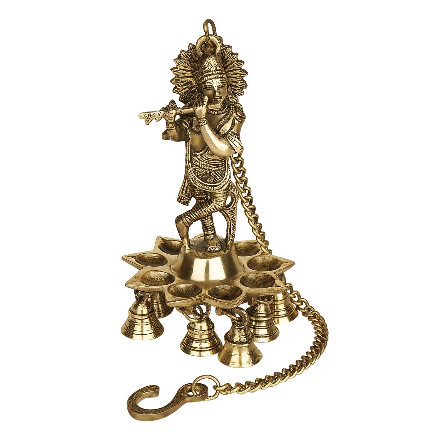 Brass Krishna Hanging Diya with Bells image 0