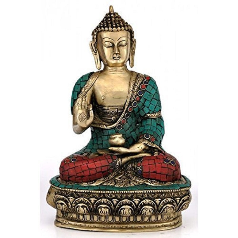 Brass Buddha Idol with Stone work-12" image 0