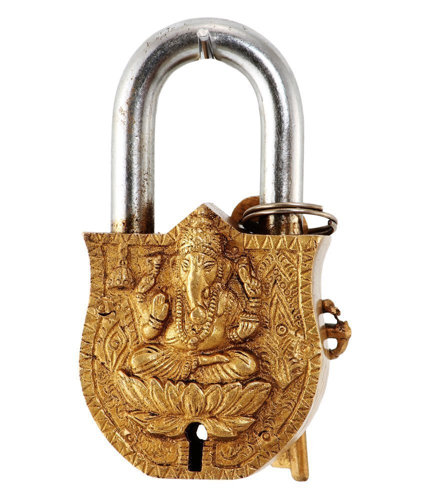 Brass Padlock/Lock with Lord Ganesha image 0