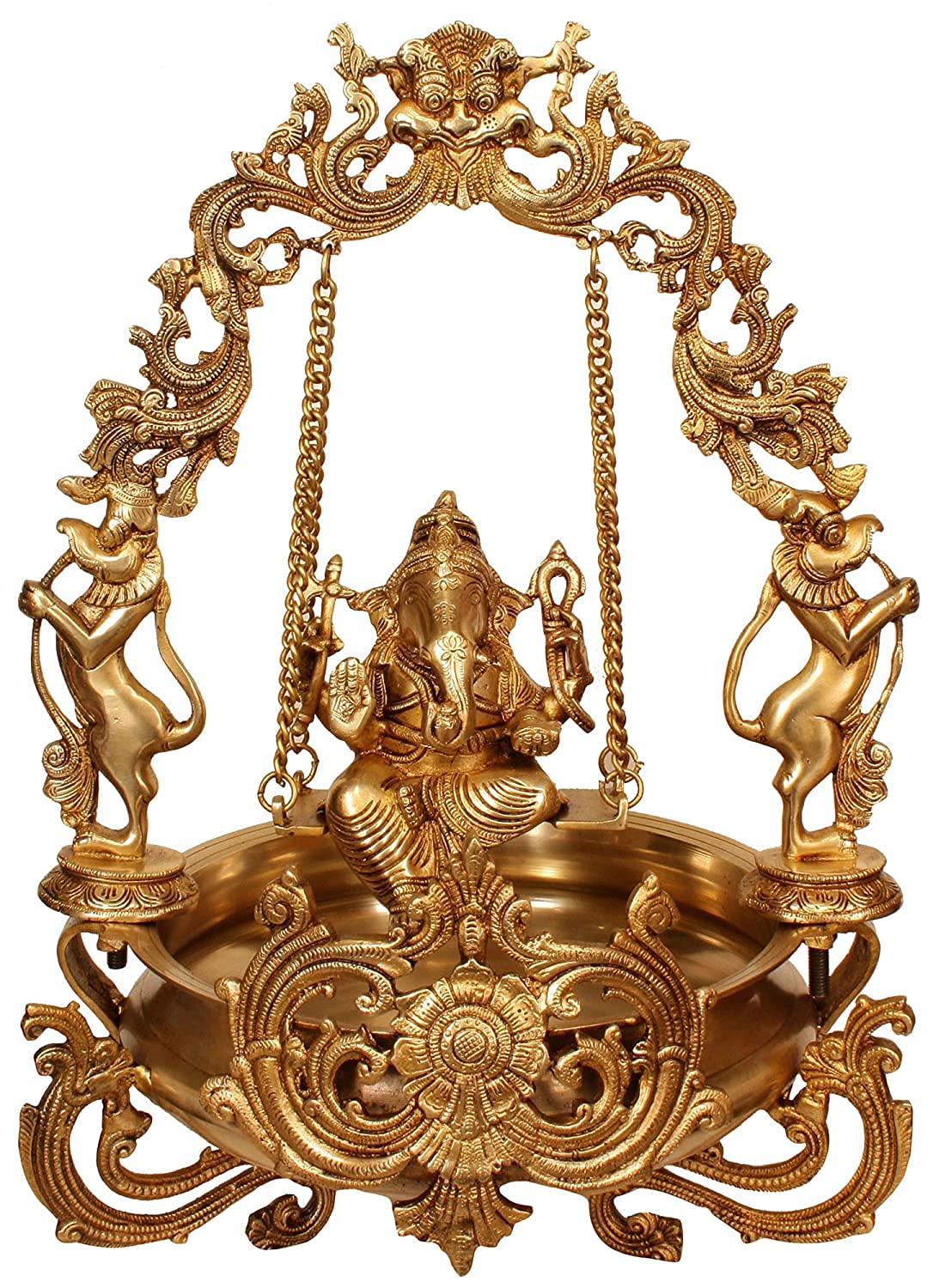 Brass Ganesha on Swing/Jhoola with Brass Urli image 1