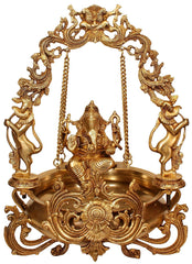 Brass Ganesha on Swing/Jhoola with Brass Urli image 1