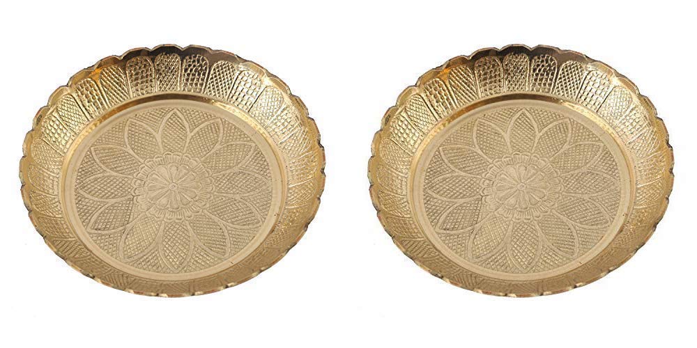 Brass Gold Puja Thali with Flower Embossed Design (Size-5 Inch)-Set of 2 image 0