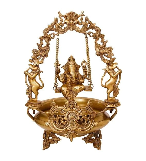Brass Ganesha on Swing/Jhoola with Brass Urli image 0