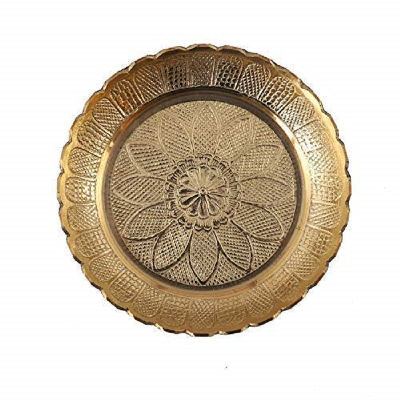 Brass Puja Thali with Flower Embossed Design, Brass Pooja Plate (Size-11 Inch) image 1