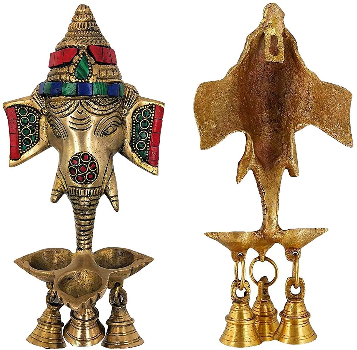Brass Ganesh Deepak with Bells Wall Hanging image 1