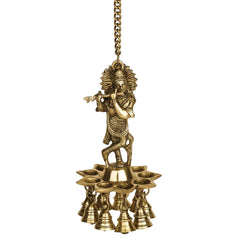 Brass Krishna Hanging Diya with Bells image 1