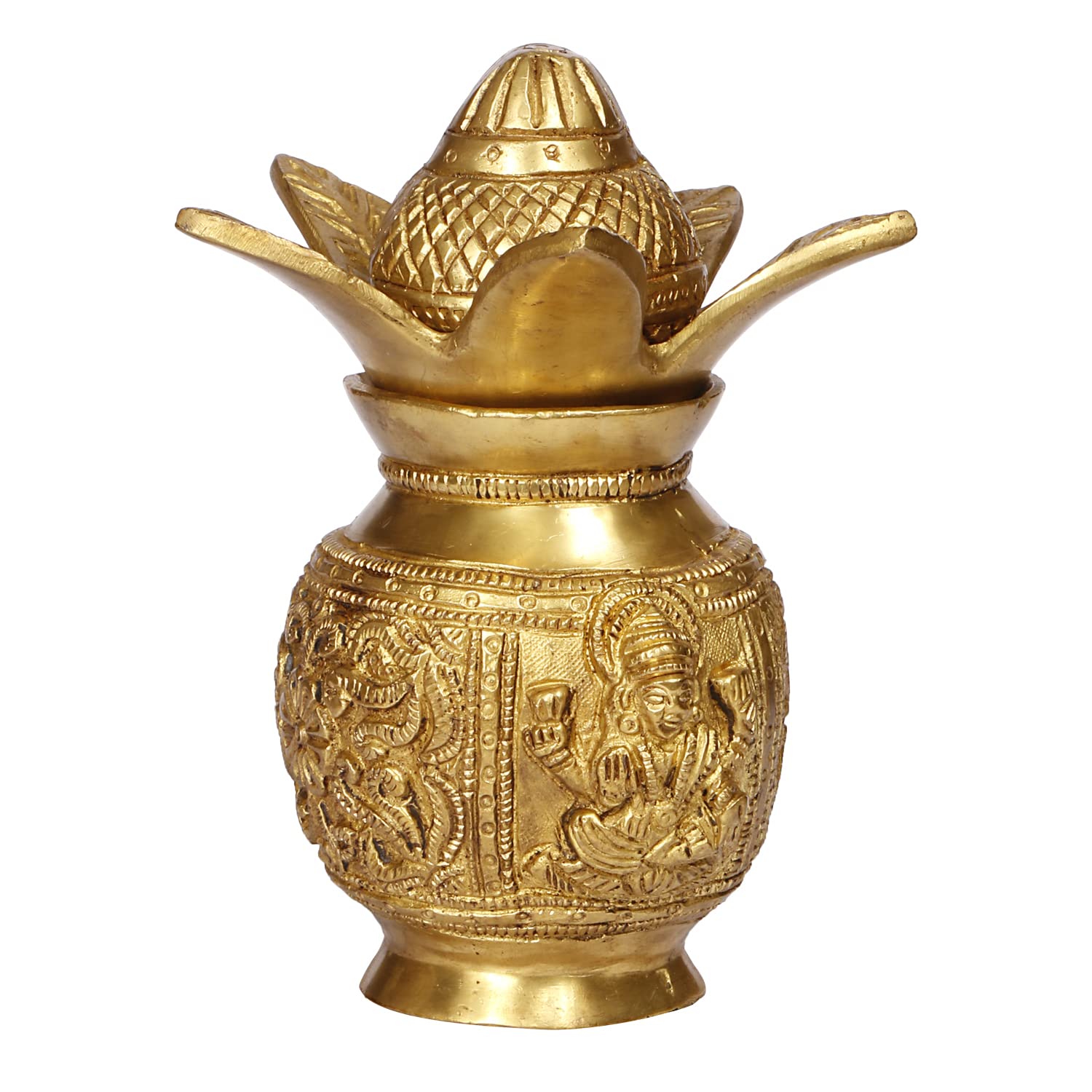 Brass Laxmi Ganesha Carving Mangal Kalash with Coconut & Leafs image 1
