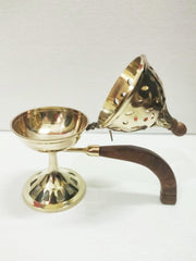 Hand Crafted Metal Brass Lobandan Incense Burner with Wooden Handle- 7 inch image 1