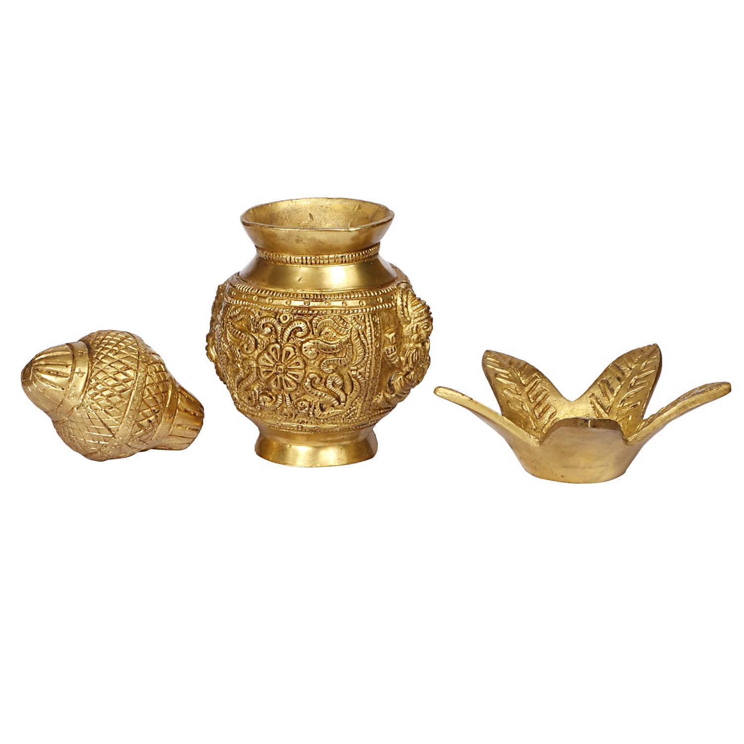 Brass Laxmi Ganesha Carving Mangal Kalash with Coconut & Leafs image 2