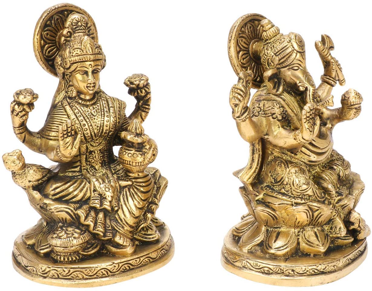 Brass Laxmi Ganesh on Kamal Base image 1