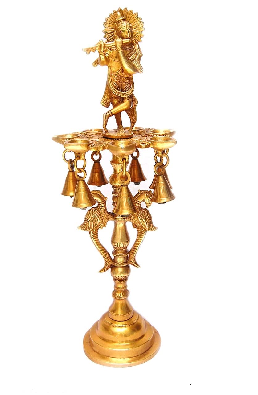 Brass Krishna Deepak Stand with Bells image 0