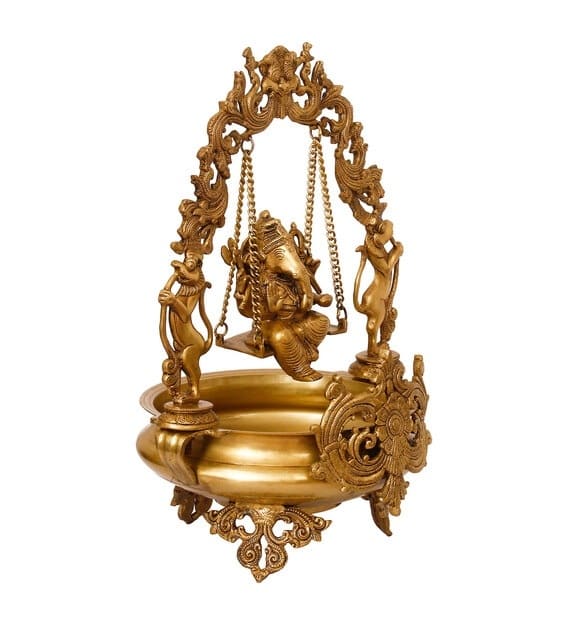 Brass Ganesha on Swing/Jhoola with Brass Urli image 2