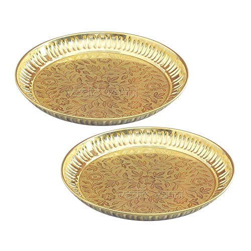 Brass Puja Thali with Flower Embossed Design Set of 2 image 0
