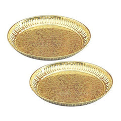 Brass Puja Thali with Flower Embossed Design Set of 2 image 0