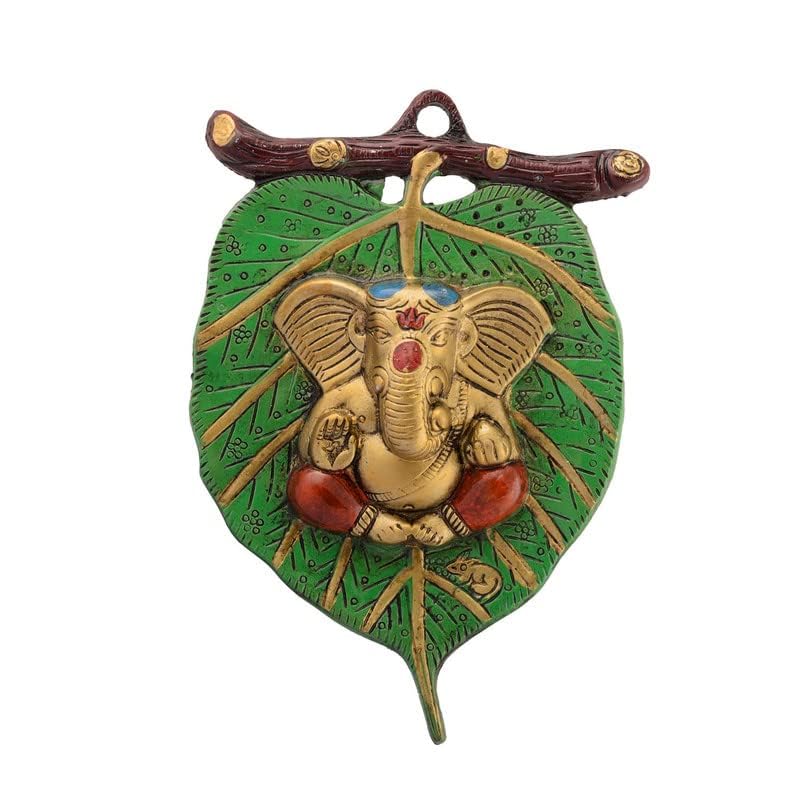 Metal Ganesha on Leaf/Patta Wall Hanging Showpiece image 0