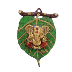 Metal Ganesha on Leaf/Patta Wall Hanging Showpiece image 0