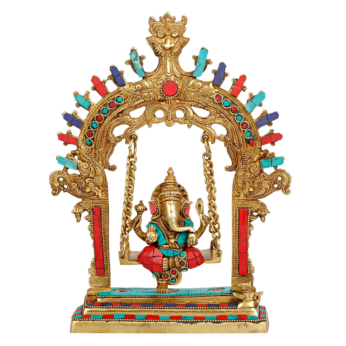 thumbnail image 2 of 9" Wood Framed Superfine Lakshmi Ganesha Saraswati Statues In Brass Wall Hanging 2 of 14