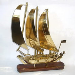 Metal Brass Ship with Wooden Base image 1