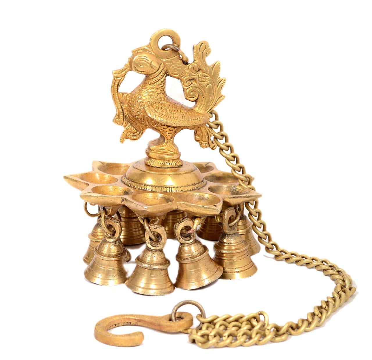 Brass Hanging Peacock Diya with Bells image 0