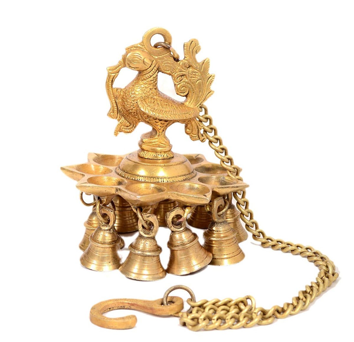 Brass Hanging Peacock Diya with Bells image 0