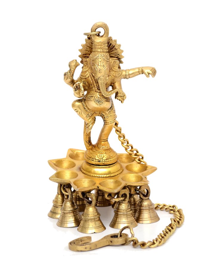 Brass Ganesha Hanging Diya with Bells image 0