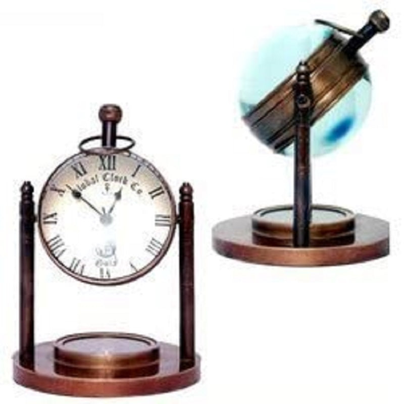 Antique Style Retro Vintage Brass Table Clock with Compass image 1