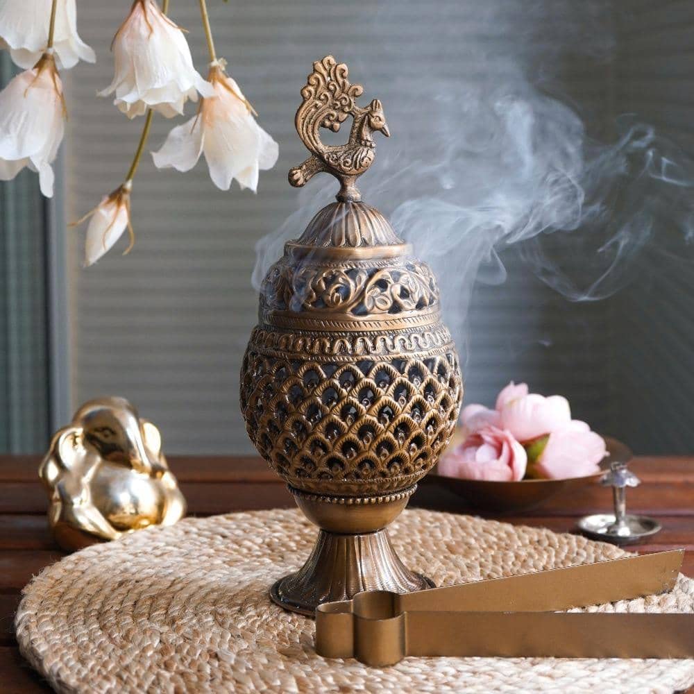 Brass Loban Dhoop Dani with Peacock Incense Dhoop Burner image 1