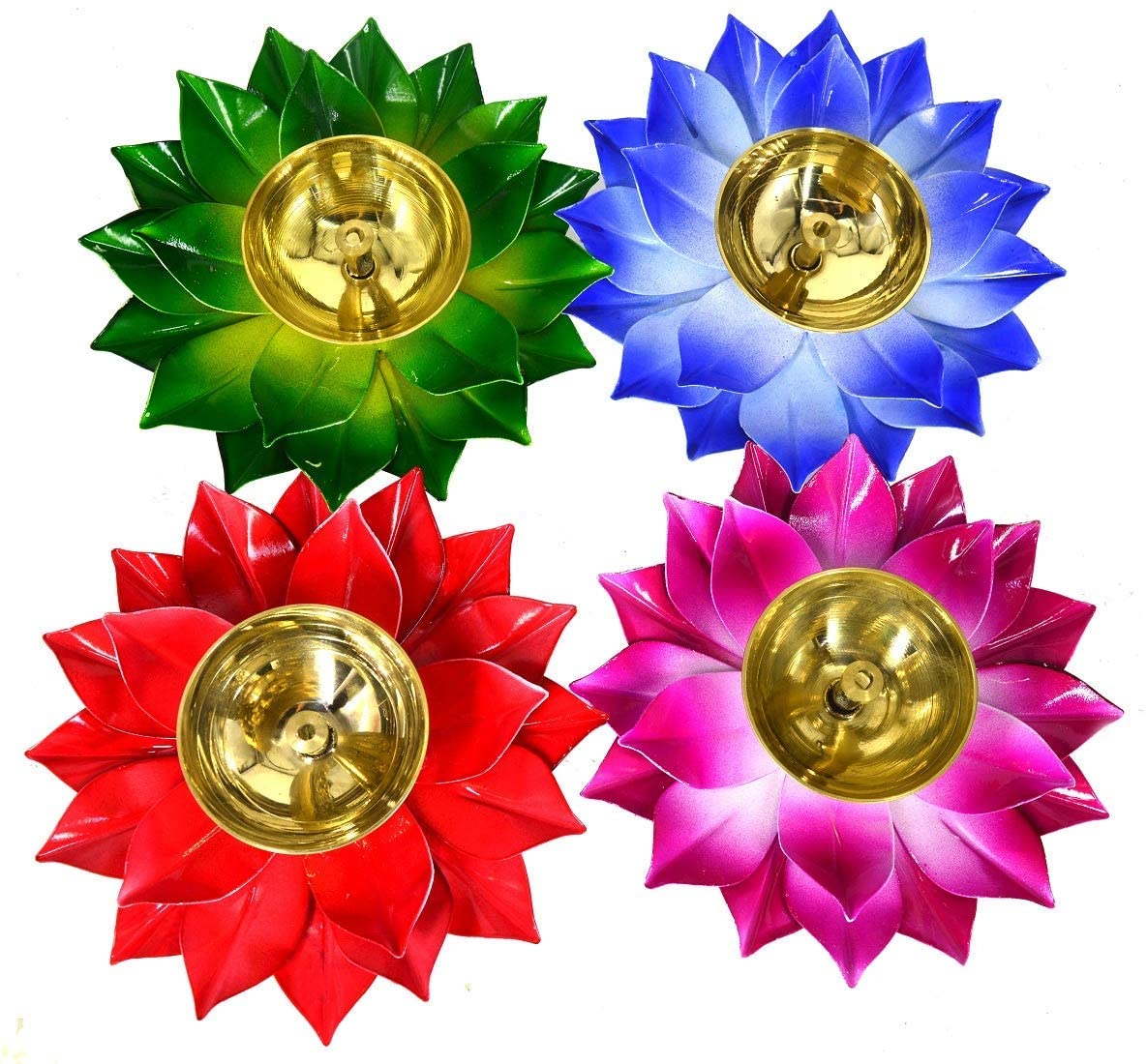 Set of 4 Colorful Handcrafted Brass Lotus Diya Deepak  image 0