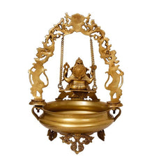 Brass Ganesha on Swing/Jhoola with Brass Urli image 3