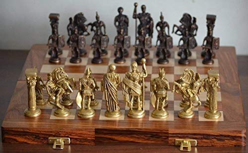 Roman Brass Chess Set with Wooden Board image 0