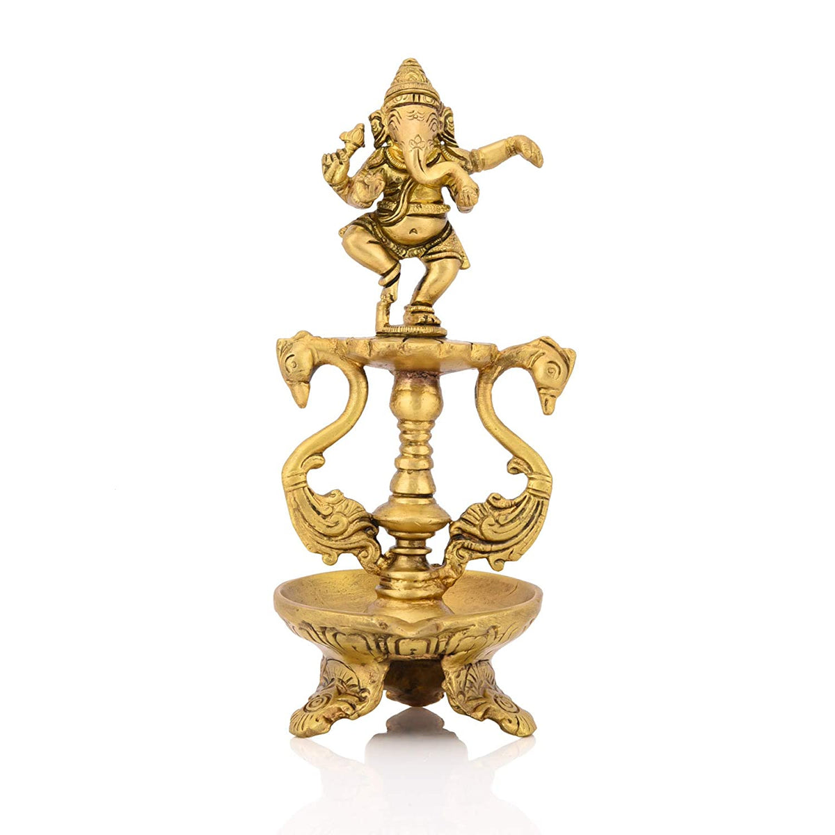 Brass Dancing Ganesha Oil Lamp Diya with Base & 2 Swan Showpiece image 0